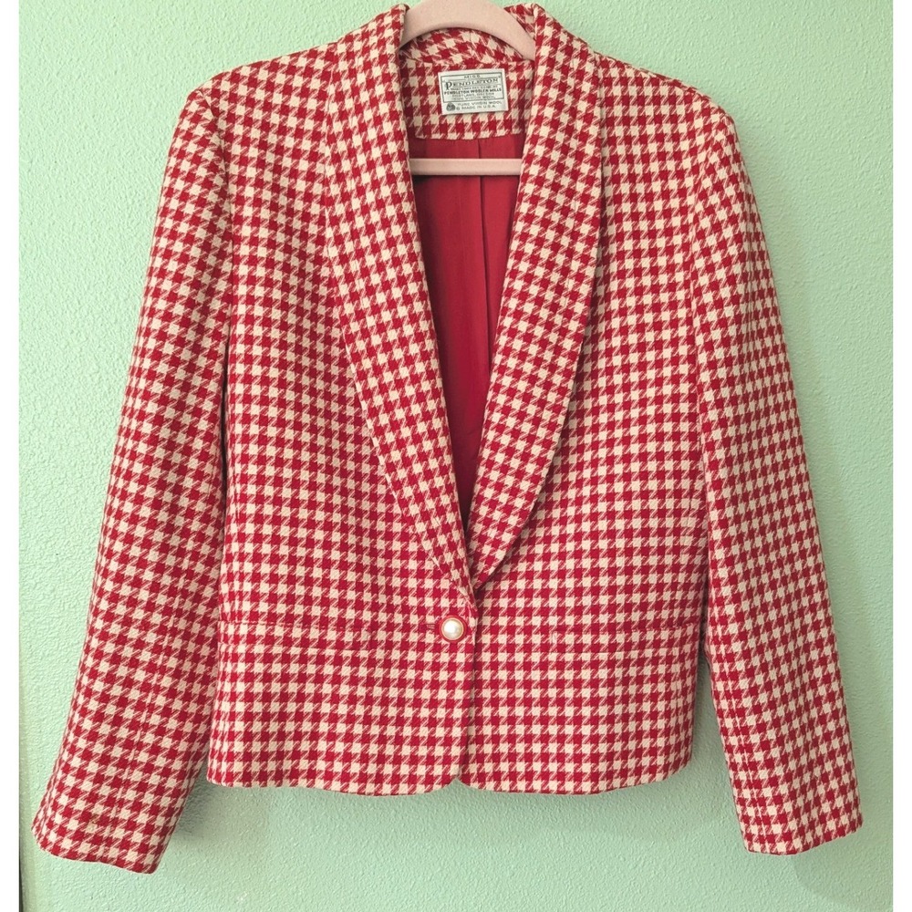 Vintage 80s Miss Pendleton Wool Blazer Red Houndstooth Shawl Collar Jacket Sz 10